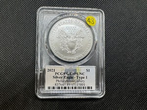 lot 43 image: 2021 - Type 1  American Silver Eagle Bowers Autographed PCGS Gem Uncirculated
