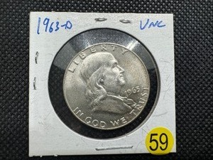 lot 59 image: 1963-D Silver Franklin Half Dollar Marked UNC When Purchased