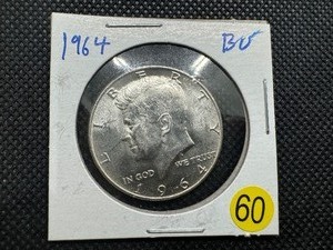 lot 60 image: 1964 90% Silver Kennedy Half Dollar Marked BU When Purchased