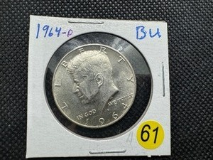 lot 61 image: 1964-D 90% Silver Kennedy Half Dollar Marked BU When Purchased