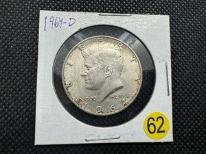 lot 62 image: 1964-D 90% Silver Kennedy Half Dollar