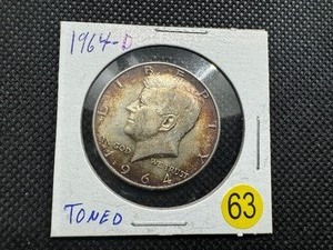 lot 63 image: 1964-D 90% Silver Kennedy Half Dollar - Toned