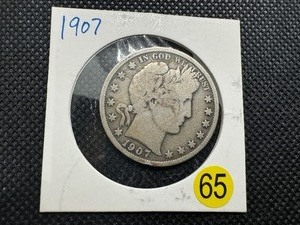 lot 65 image: 1907 Silver Barber Half Dollar