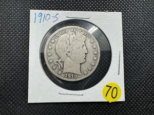 lot 70 image: 1910-S Silver Barber Half Dollar