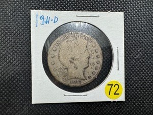 lot 72 image: 1911-D Silver Barber Half Dollar