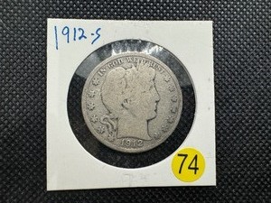 lot 74 image: 1912-S Silver Barber Half Dollar