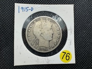 lot 76 image: 1915-D Silver Barber Half Dollar