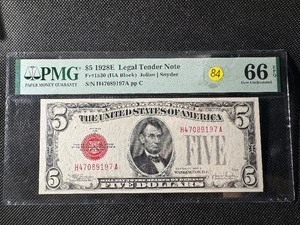 lot 84 image: 1928 Series E $5.00 Red Seal Federal Reserve Note Graded PMG 66 Gem Uncirculated