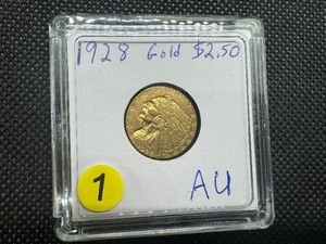 lot 1 image: 1928 Gold Indian Head $2.50 Coin marked AU when Purchased