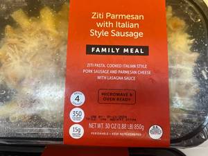 lot 218 image: G. 2x 1.69lbs Family Meal Ziti Parmesan wItalian Sausage(Target)