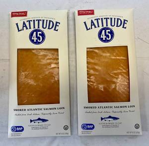 lot 1 image: E. 2x 8oz Latitude 45 Smoked Atlantic Salmon-Sliced & Ready to Eat