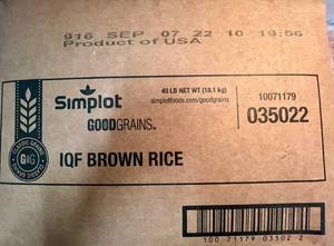 lot 33 image: F. 40lbs Simplot GoodGrains IQF Brown Rice-Cooked & Frozen
