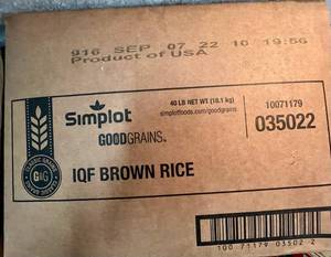 lot 34 image: F. 40lbs Simplot GoodGrains IQF Brown Rice-Cooked & Frozen