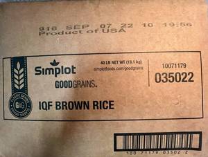 lot 35 image: F. 40lbs Simplot GoodGrains IQF Brown Rice-Cooked & Frozen