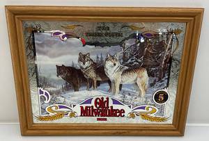 lot 167 image: Vintage Old Milwaukee Beer Framed Mirror With Wolves (Vikings Colors)