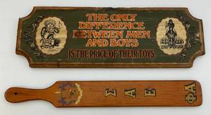lot 175 image: Vintage Fraternity Paddle & Wooden Man Cave Sign