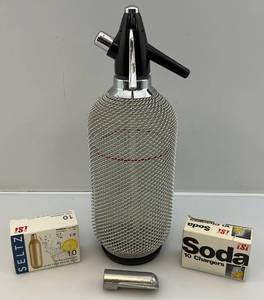 lot 180 image: Vintage Soda Siphon Seltzer Glass Bottle With Metal Mesh With Gas Canisters & More