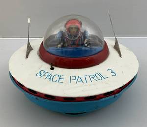 lot 183 image: 1950s Yoshiya Japan Flying Saucer Space Patrol Bump-N-Go Battery Operated (Works)