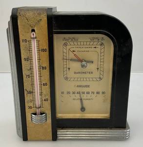 lot 184 image: Vintage Waterfall Art Deco Style Airguide Trio Barometer  Humidity  Thermometer
