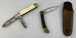 lot 197 image: Vintage Camillus #23 & Jaws 70% With Leather Sheath Pocket Knives