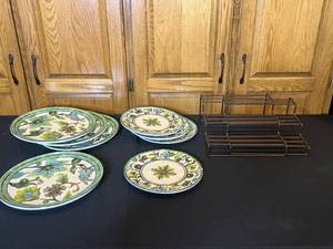 lot 19 image: Set of Floral Patterned Plates with Metal Expandable Rack
