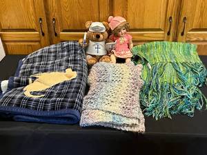 lot 75 image: Assorted Comfort Lot Blankets, Teddy Bear, and Doll