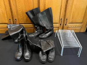 lot 77 image: Lot of Assorted Black Leather Boots and Metal Organizer Rack