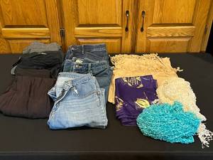lot 81 image: Assorted Clothing Lot - Jeans, Tops, and Scarves