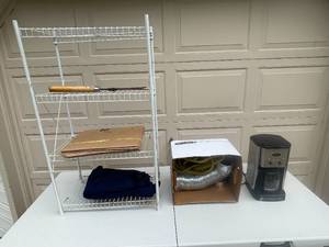 lot 147 image: Household Lot with Cuisinart Coffee Maker, Wire Shelf, and Miscellaneous Items
