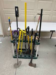 lot 152 image: Lot of Assorted Garden Hand Tools with Storage Rack