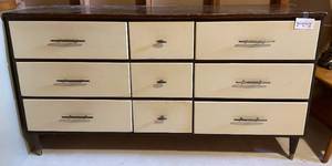 lot 182 image: Vintage MCM 9-Drawer Dresser in Brown and Cream Finish