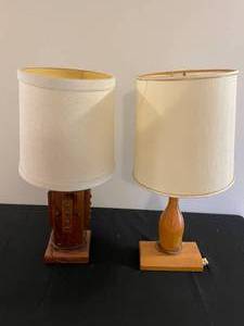 lot 183 image: Vintage Wooden Table Lamps with Shades - Set of 2 (untested)