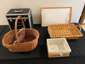 lot 185 image: Assorted Wicker Baskets and Black Storage Case