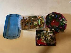 lot 201 image: Lot of Assorted Holiday Decorations - Wreaths, Candle Holder, and Nativity Scene