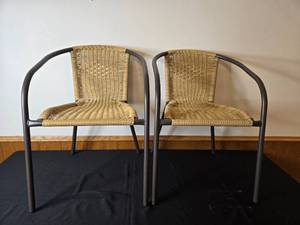 lot 99 image: Pair of Wicker and Metal Frame Outdoor Chairs