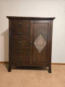 lot 112 image: Vintage Wooden Cabinet with Drawers and Ornate Door