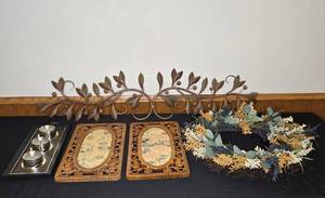lot 129 image: Decorative Home Decor Lot Wall Art, Floral Wreath, and Candle Holder Set