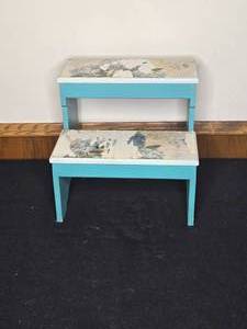 lot 154 image: Vintage Two-Step Wooden Stool with Floral Decoupage