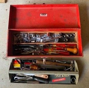 lot 24 image: Vintage Red Toolbox with Contents
