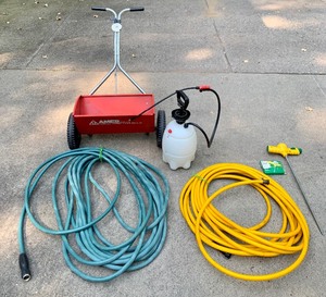 lot 37 image: Lawn Care Items Including Hoses, Sprayer and SeedFertilizer Spreader