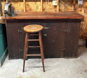 lot 379 image: Vintage Work Bench Cabinet with Shop Stool