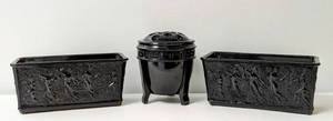 lot 203 image: L.E. Smith Black Amethyst Glass Planters and Vase with Flower Frog