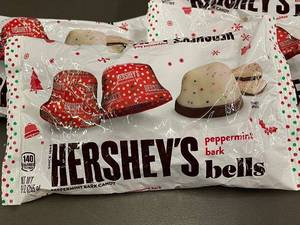 lot 47 image: Lot of 4 Hersheys Peppermint Bark Bells, 9oz Each