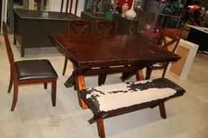 Wooden Dining Room Set - Table, (4) Chairs and (1) Bench