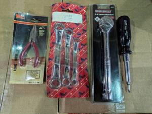 lot 151 image: 6 Piece Tool Set - Screwdriver-38 Ratchet-3 pc box wrench-long nose pliers
