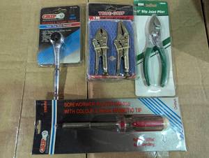 lot 157 image: 5 Piece Tool Set - Pliers-14 Ratchet-Screwdriver