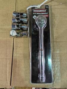 lot 189 image: 5 Piece 38 Drive Socket Ratchet Set - 4 12 Point Joint Sockets with Ratchet