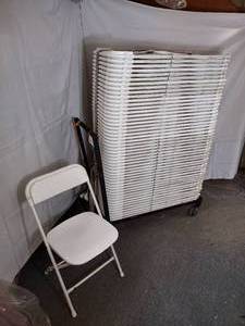 lot 21 image: (50) Stackable Folding Chairs, white seat and back on a white steel frame. 