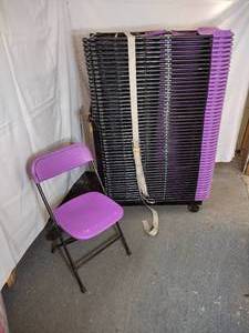 lot 53 image: (40) PS Event Stackable Folding Chairs, Purple Poly seatback with sturdy black metal frame.