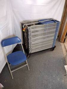 lot 59 image: (32) Resilient Brand Stackable Folding Chairs, Blue Poly seatback with sturdy gray metal frame. 